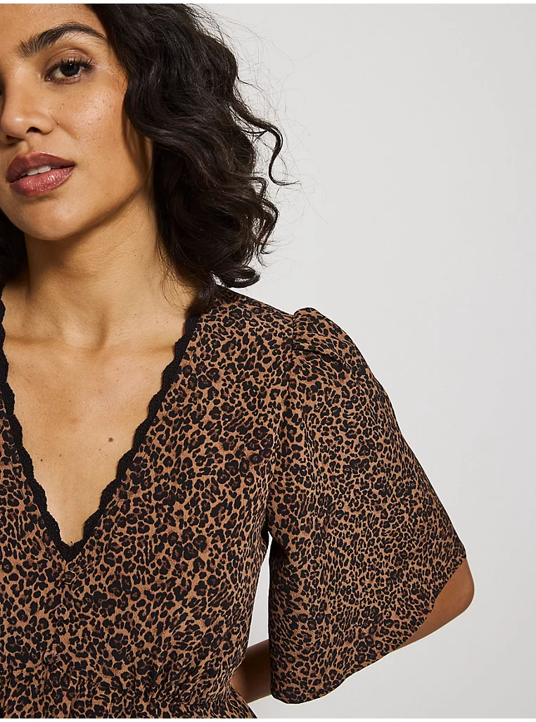 Animal Print Flutter Sleeve V Neck Midi Dress - Image 2