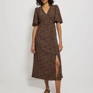 Animal Print Flutter Sleeve V Neck Midi Dress