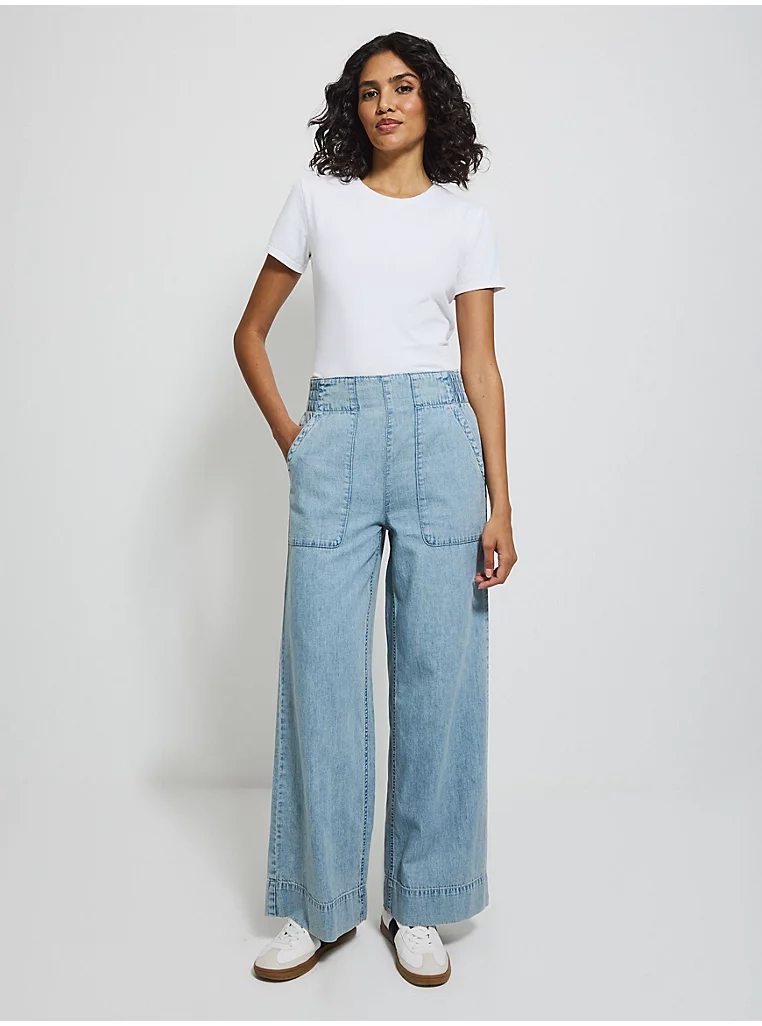 Light Blue Pull On High Waisted Wide Leg Jeans